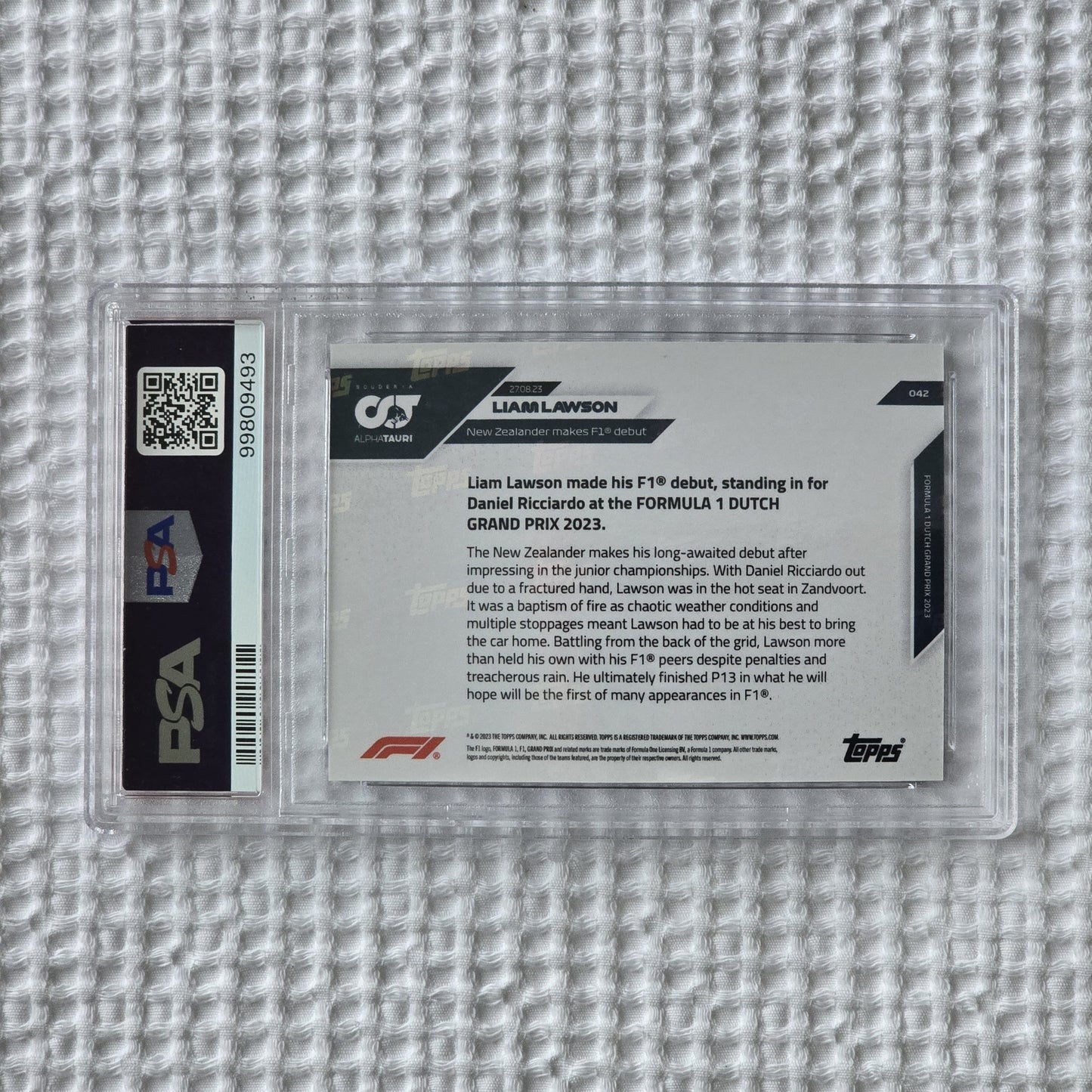 Rare Liam Lawson 2023 Topps Now #42 – F1 Debut, Dark Blue /99, PSA 10 GEM MINT