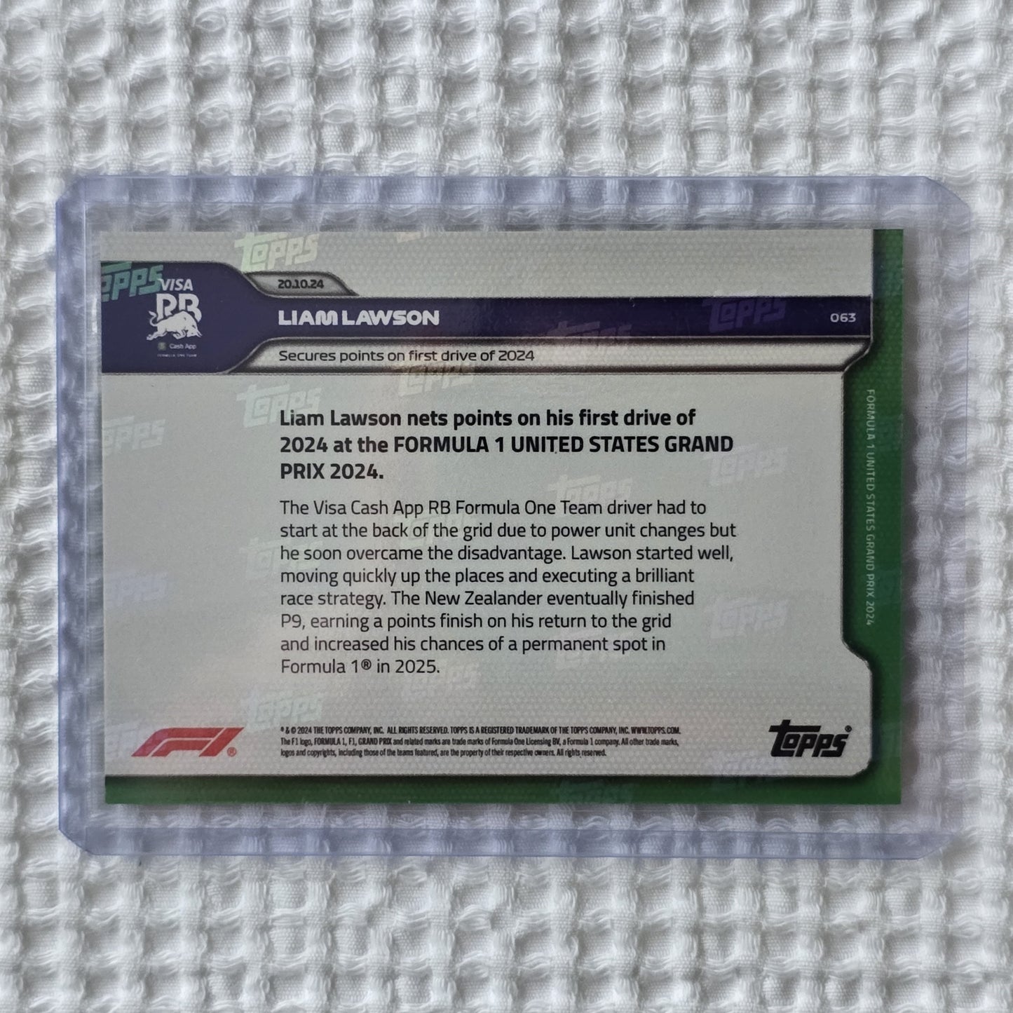 Liam Lawson 2024 Topps Now Card #63 – Dark Blue 28/99 – First Points of Season